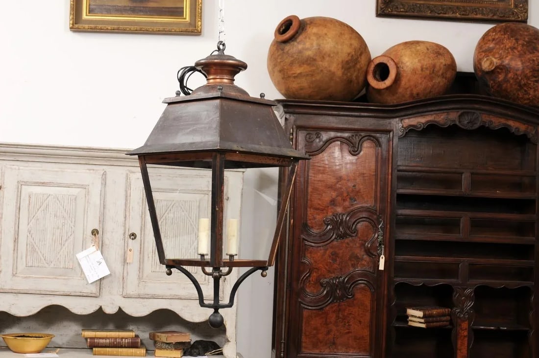 French Four-Light Copper and Glass Tapering Lantern USA Wired - 3