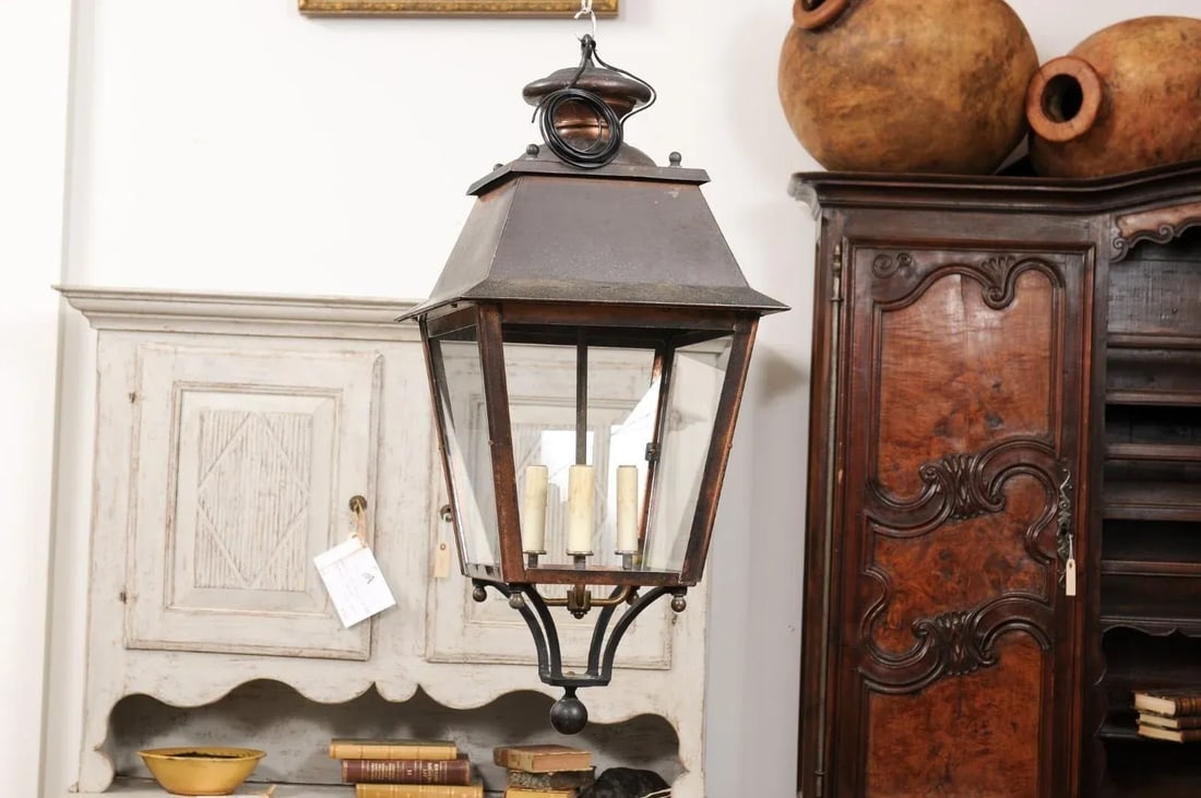 French Four-Light Copper and Glass Tapering Lantern USA Wired - 4