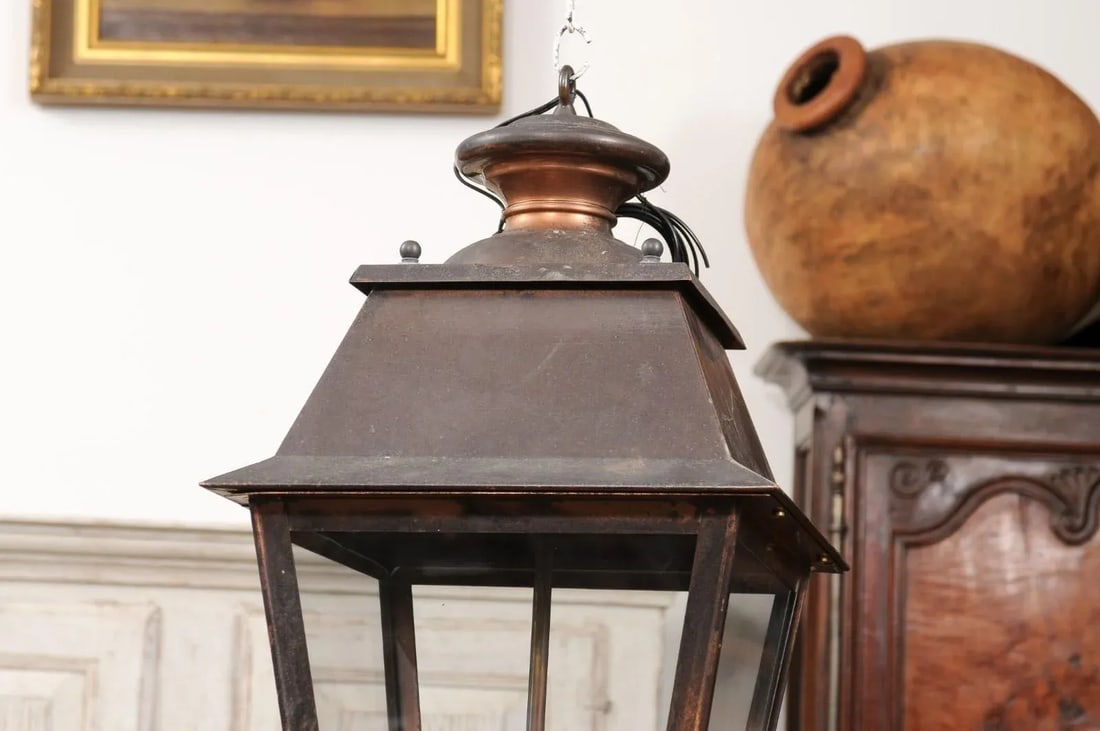 French Four-Light Copper and Glass Tapering Lantern USA Wired - 5