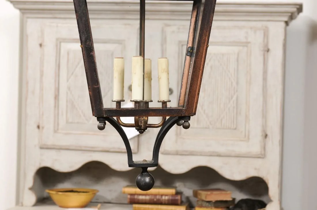 French Four-Light Copper and Glass Tapering Lantern USA Wired - 6