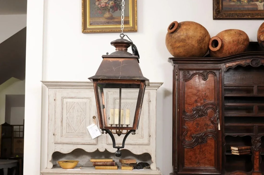 French Four-Light Copper and Glass Tapering Lantern USA Wired - 7