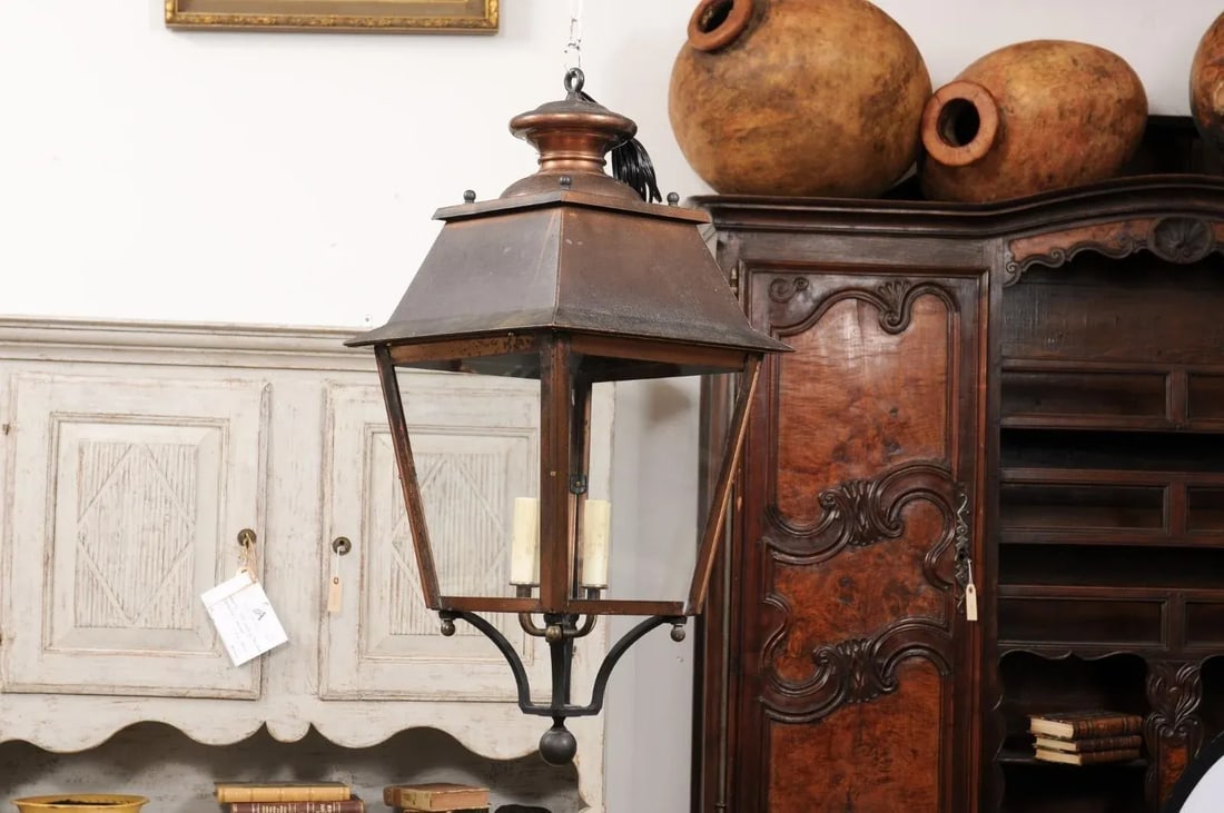 French Four-Light Copper and Glass Tapering Lantern USA Wired - 8