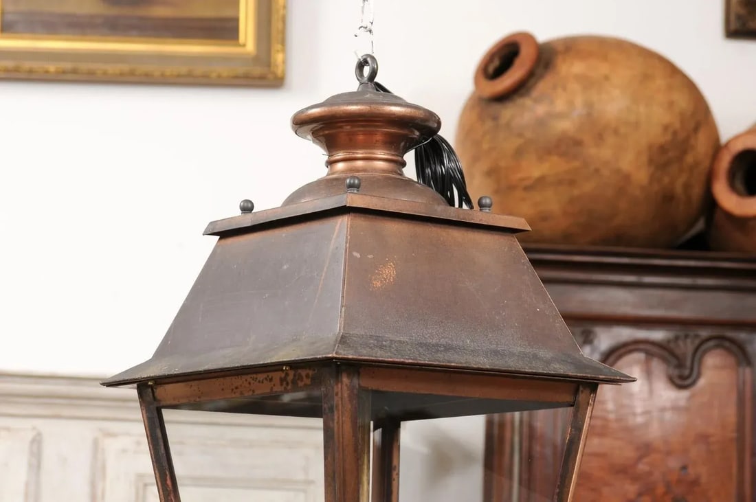 French Four-Light Copper and Glass Tapering Lantern USA Wired - 9
