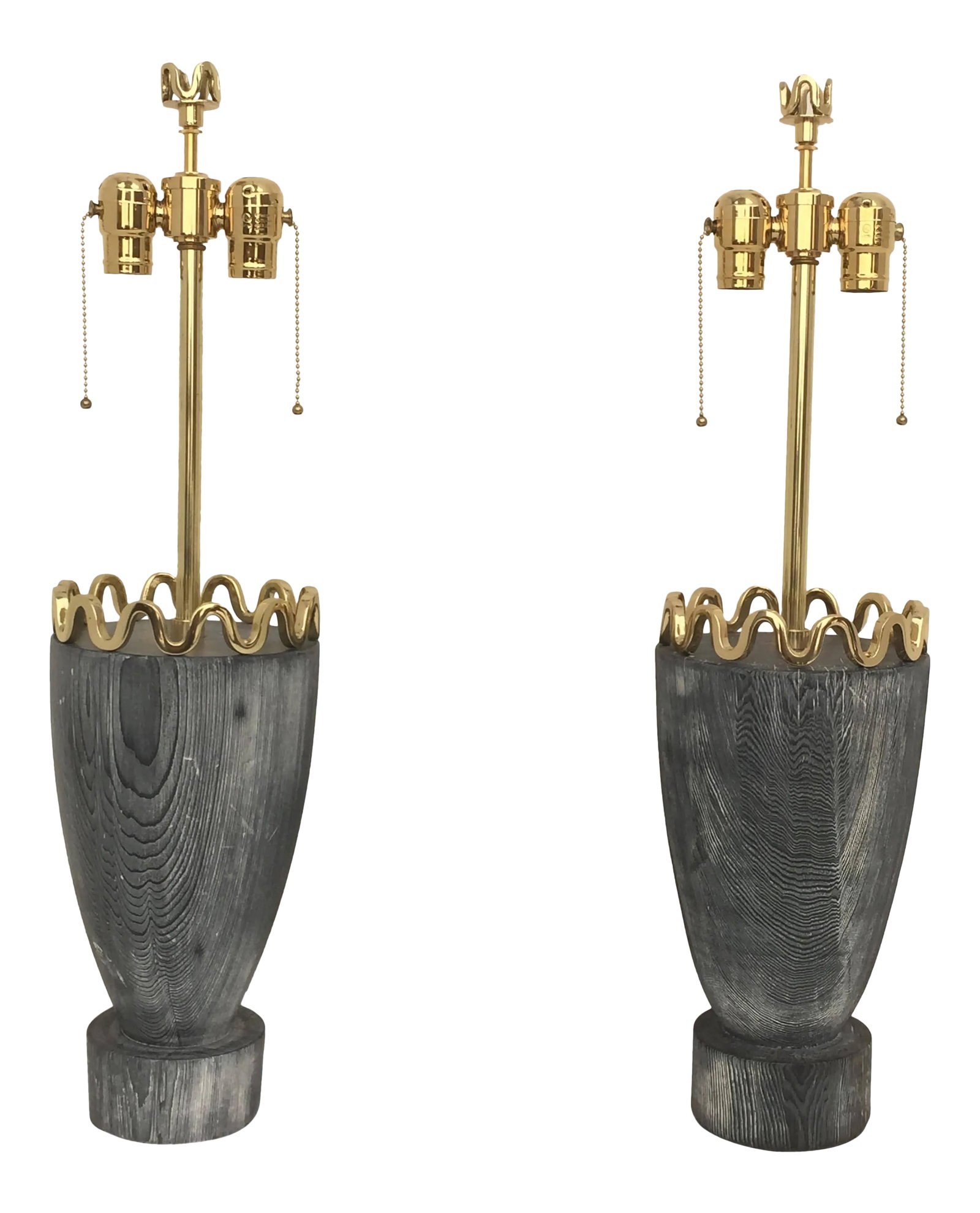 James Mont Cerused Redwood and Brass Lamps - a Pair: James Mont cerused redwood and polished brass lamps. Condition: Alterations: Original Design Modified Imperfections: Some Imperfections Condition Notes: Excellent Wear consistent with age and use. new
