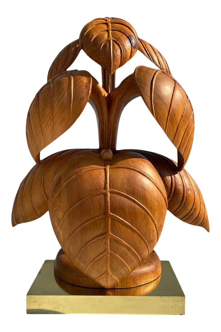 Rhubarb Leaf Sculpture Lamp: Rhubarb leaf sculpture / lamp by Bartolozzi & Maioli. It is hand carved out of knotty pine on brass base. Condition: Alterations: Unknown Imperfections: Some Imperfections Condition Notes: Good Wear c