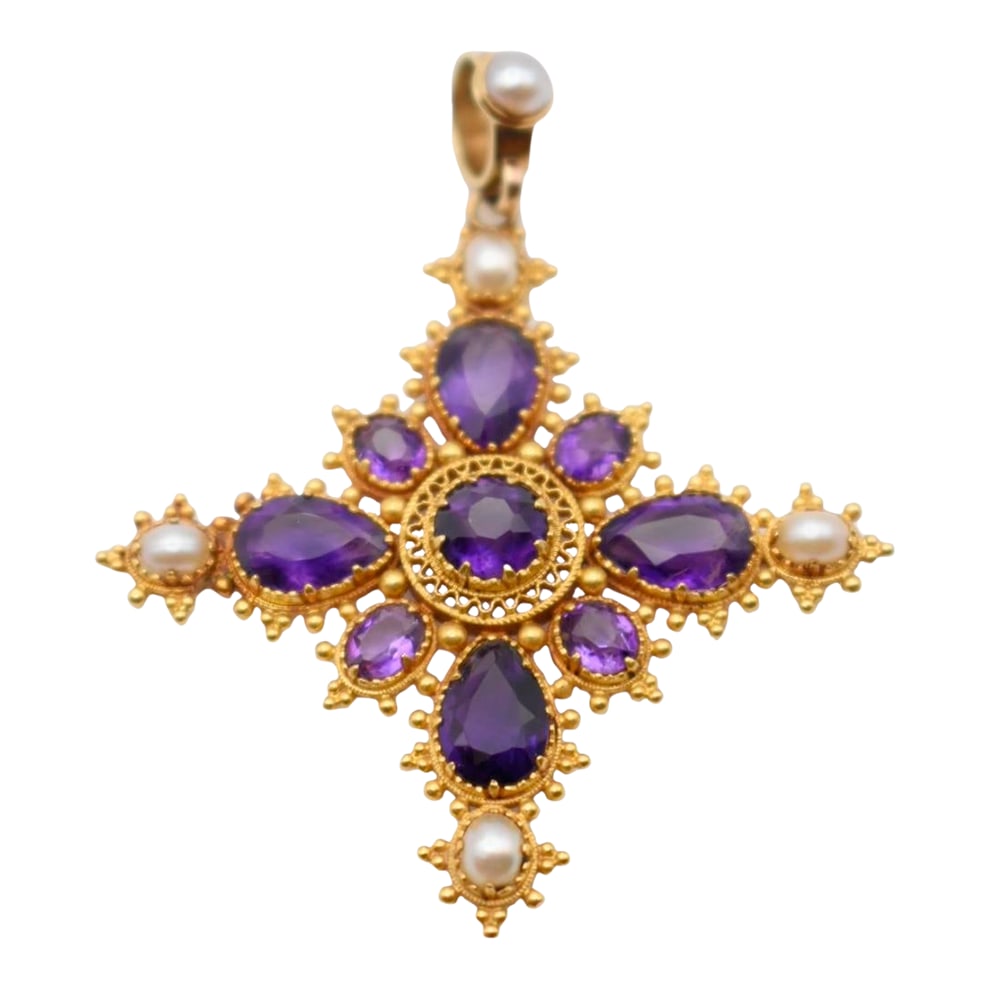 Mid 19th Century Amethyst and Pearl Cross Pendant: This is a gorgeous antique amethyst and pearl cross pendant. It is from the 19th Century. It is comprised of high carat yellow gold, set with round, oval, and pear cut amethyst. It also has 5 pearls. 