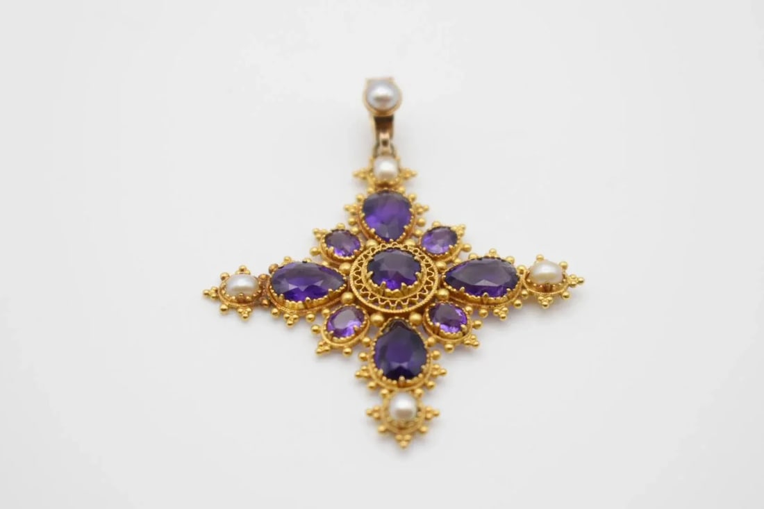 Mid 19th Century Amethyst and Pearl Cross Pendant - 2