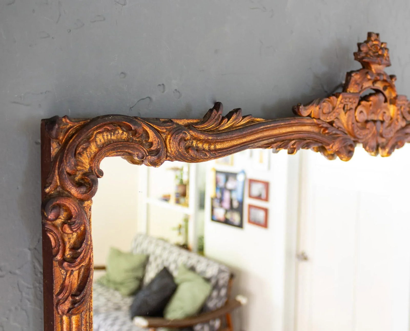 French Antique Carved Gesso Gilt and Wood Overmantle Wall Mirror - 11
