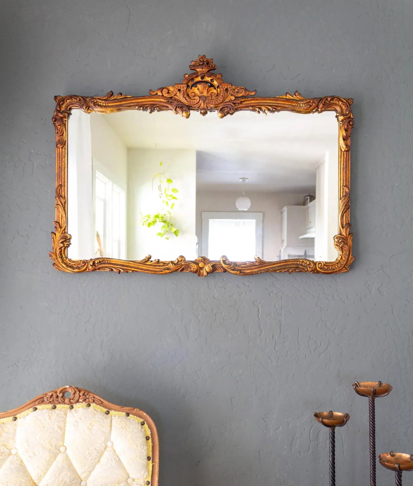 French Antique Carved Gesso Gilt and Wood Overmantle Wall Mirror - 3