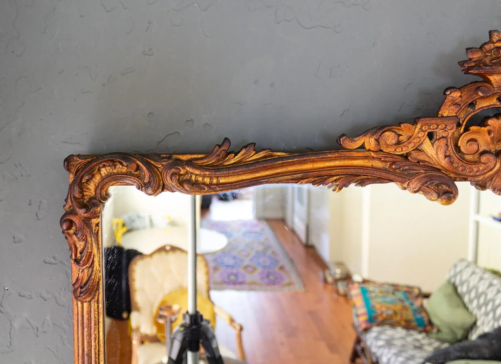 French Antique Carved Gesso Gilt and Wood Overmantle Wall Mirror - 8