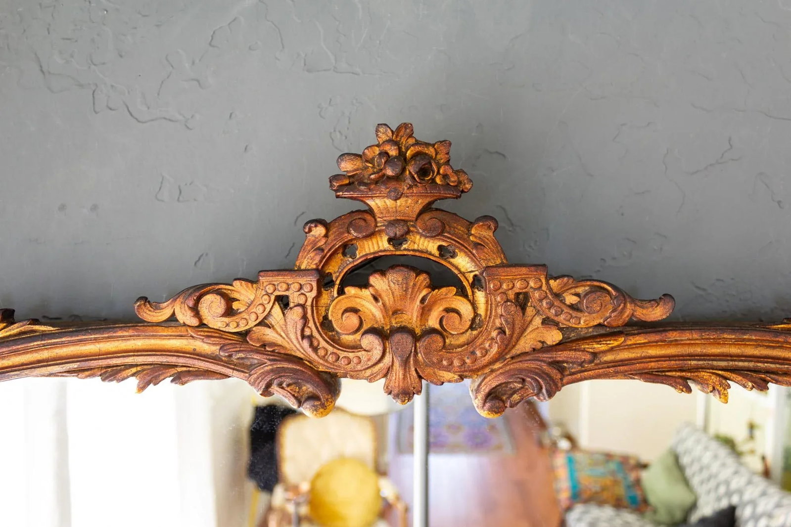 French Antique Carved Gesso Gilt and Wood Overmantle Wall Mirror - 9