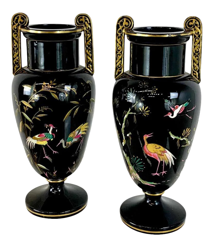 Late 19th Century French Aesthetic Movement Enameled Bird Motif Black & Gold Vases - a Pair: Pair of French Aesthetic movement enameled bird motif black & gold vases, each one with twin applied handles, colorful decoration on both sides, raised on a 4"diameter base Provenance: With Herbert Su