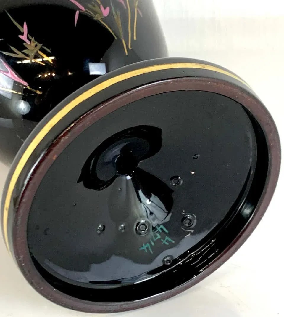 Late 19th Century French Aesthetic Movement Enameled Bird Motif Black & Gold Vases - a Pair - 2