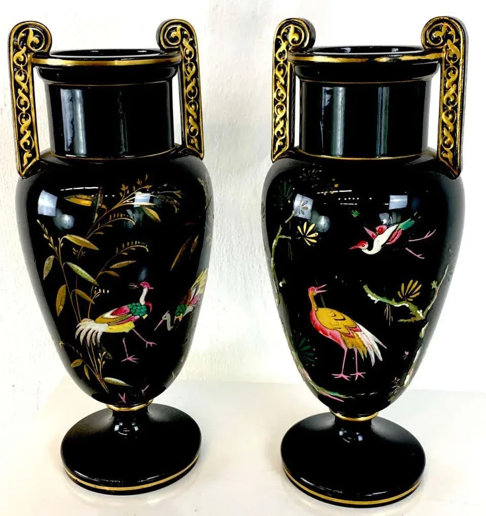 Late 19th Century French Aesthetic Movement Enameled Bird Motif Black & Gold Vases - a Pair - 3
