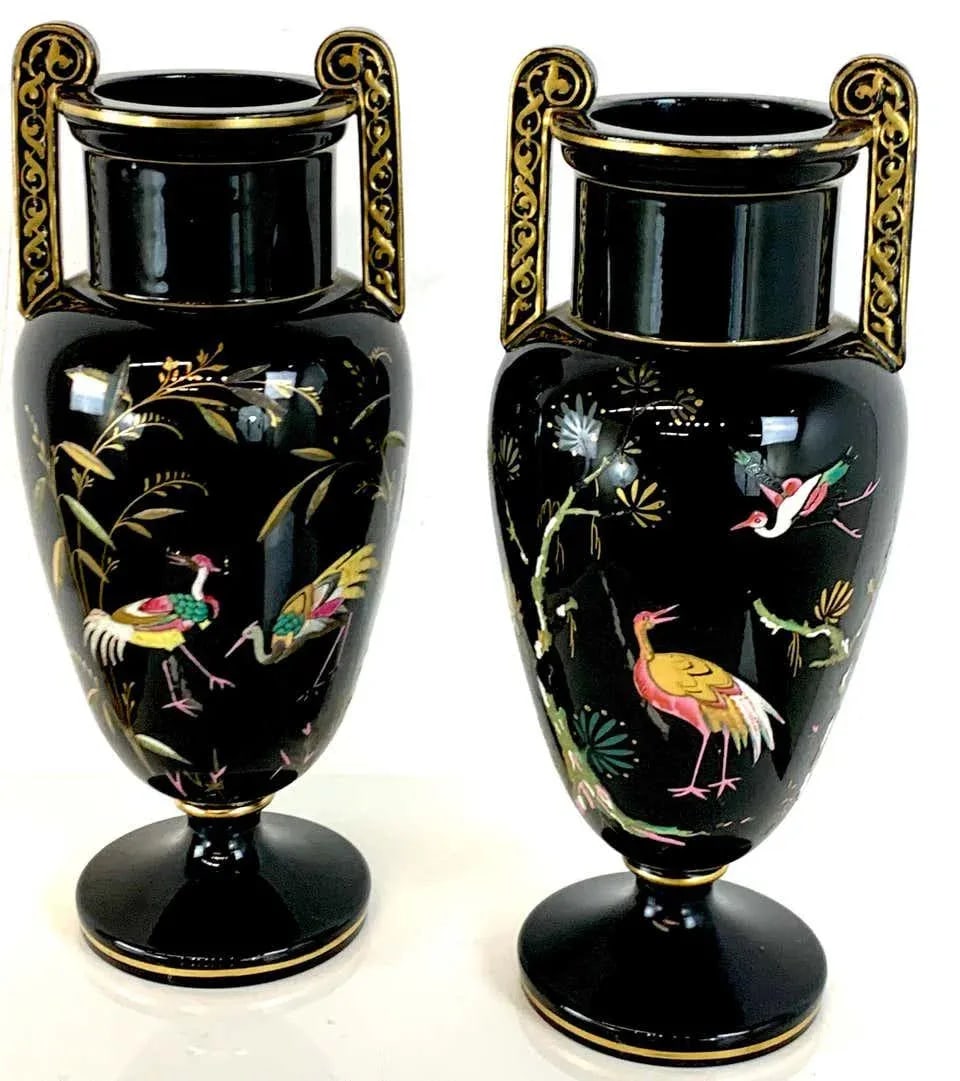 Late 19th Century French Aesthetic Movement Enameled Bird Motif Black & Gold Vases - a Pair - 4