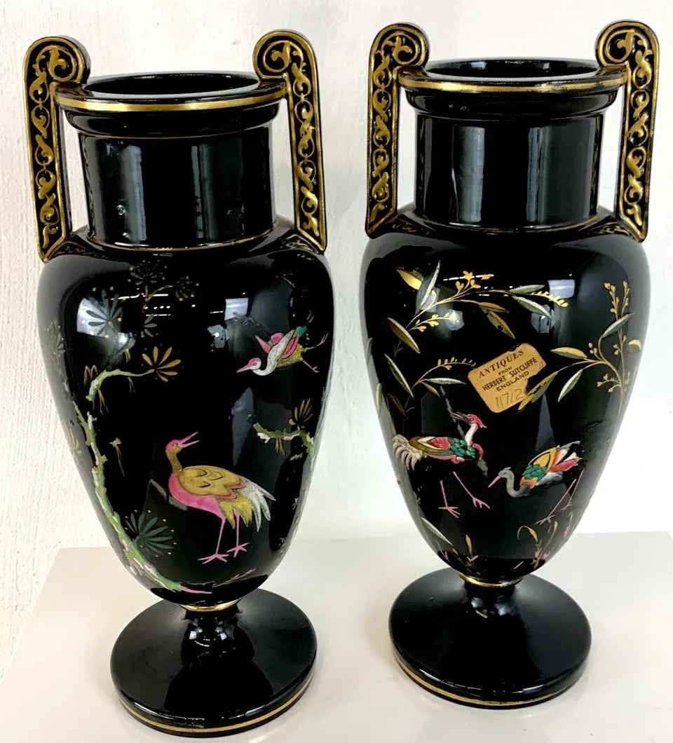Late 19th Century French Aesthetic Movement Enameled Bird Motif Black & Gold Vases - a Pair - 5