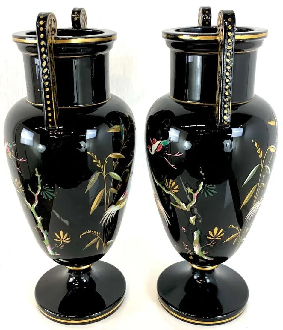 Late 19th Century French Aesthetic Movement Enameled Bird Motif Black & Gold Vases - a Pair - 6