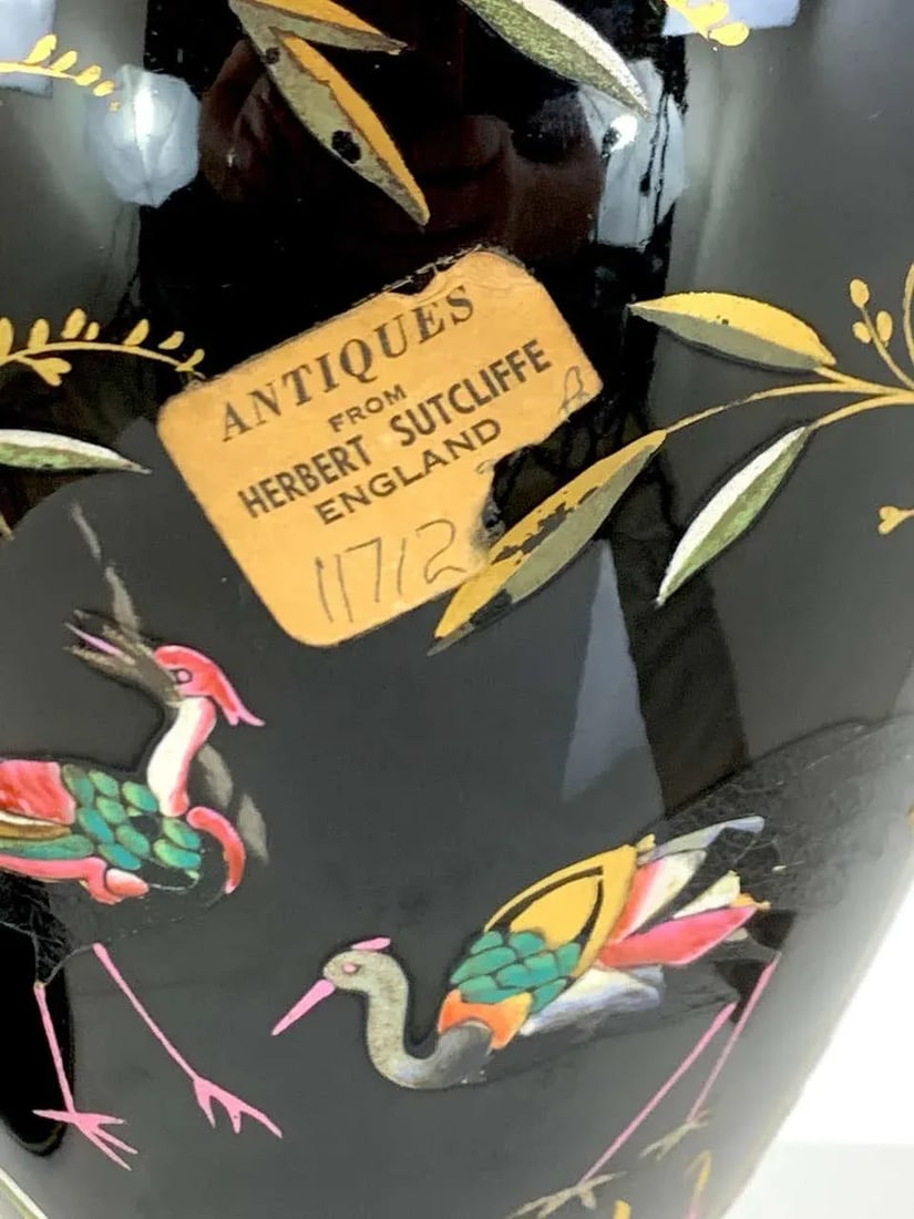 Late 19th Century French Aesthetic Movement Enameled Bird Motif Black & Gold Vases - a Pair - 7