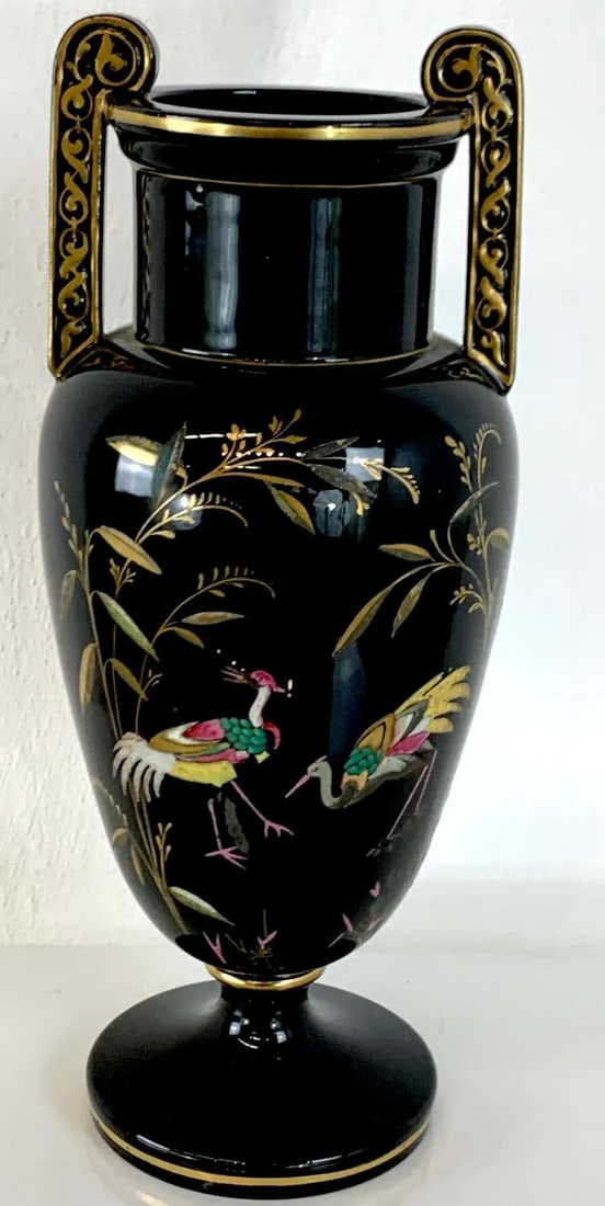 Late 19th Century French Aesthetic Movement Enameled Bird Motif Black & Gold Vases - a Pair - 8