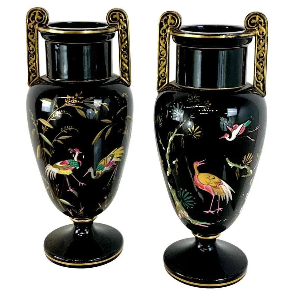 Late 19th Century French Aesthetic Movement Enameled Bird Motif Black & Gold Vases - a Pair - 9