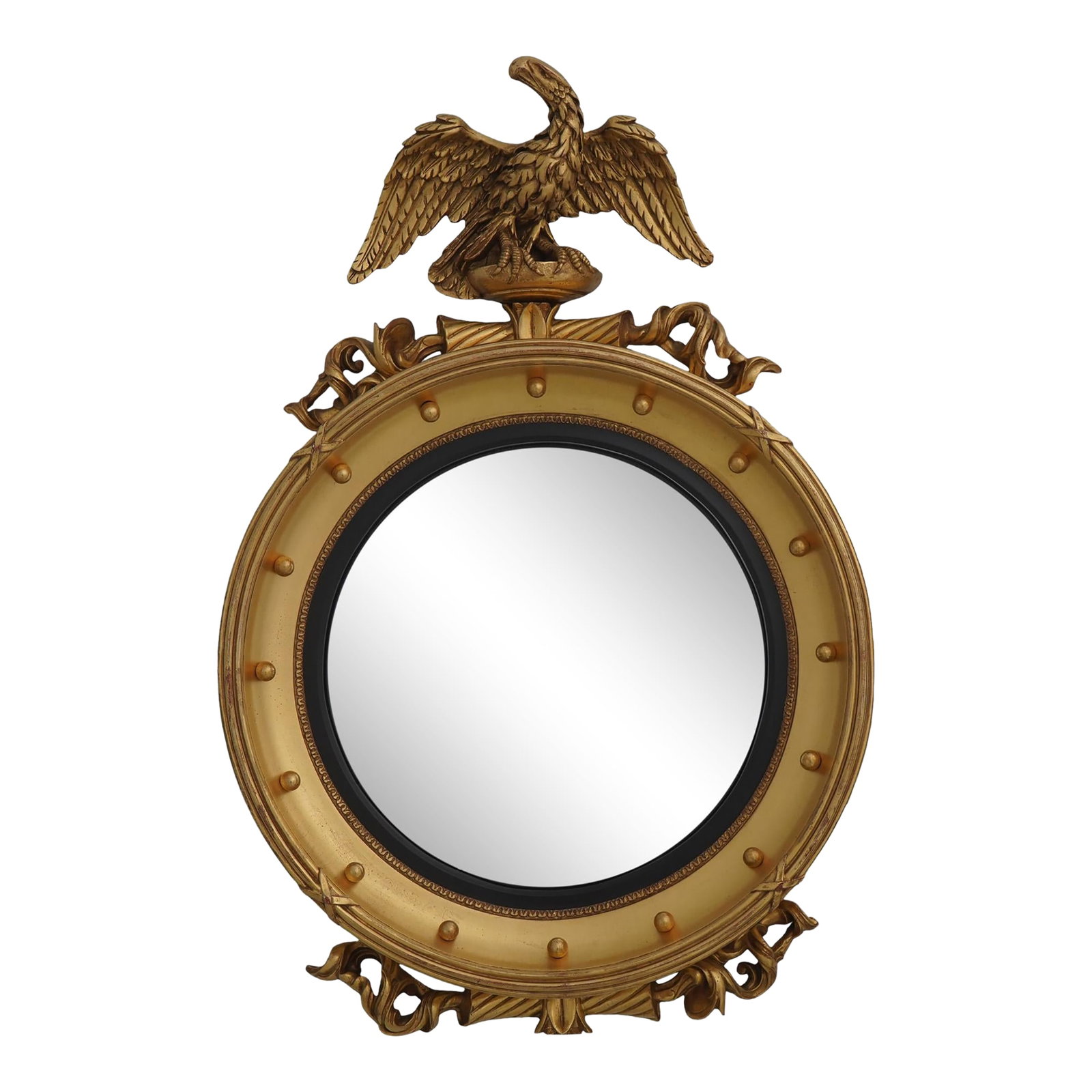 Federal Style Gold Leaf Eagle Bullseye Mirror: Age: Approx: 30 Years Old Details: Winged Eagle Top Quality Construction Convex Mirror Glass Nice Gold Leaf Finish Un-Marked As To Manufacture Condition: Excellent Original Finish & Condition Size: