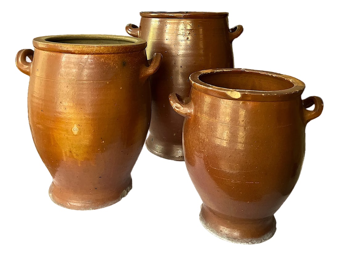 Antique 19th Century Handmade French Brown Slip Salt Glazed Terracotta Confit Pots - Set of 3: Set of three 19th century hand-thrown French confit pots made in the Toulouse region and stamped "Inalterable," meaning they are durable, resistant to acids, fats, and general deterioration. The midsi