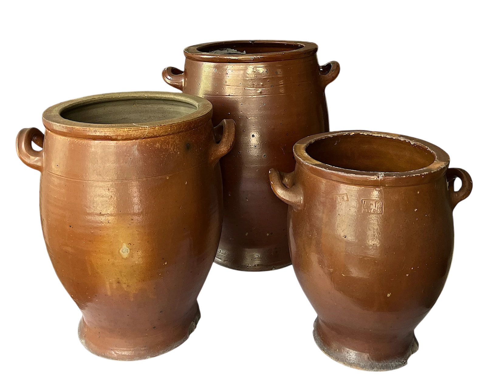 Antique 19th Century Handmade French Brown Slip Salt Glazed Terracotta Confit Pots - Set of 3 - 2