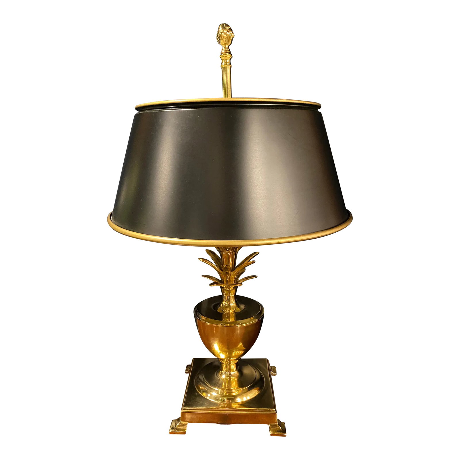 Late 20th Century Brass Pineapple Table Lamp With Tole Shade: Quick Hits: Item: Brass Pineapple Table Lamp Period: 1970s Origin: United States Materials: Brass, Tole Dimensions: 13''W * 13''D * 21''L Features: Two drop chains with brass balls for two light bulbs