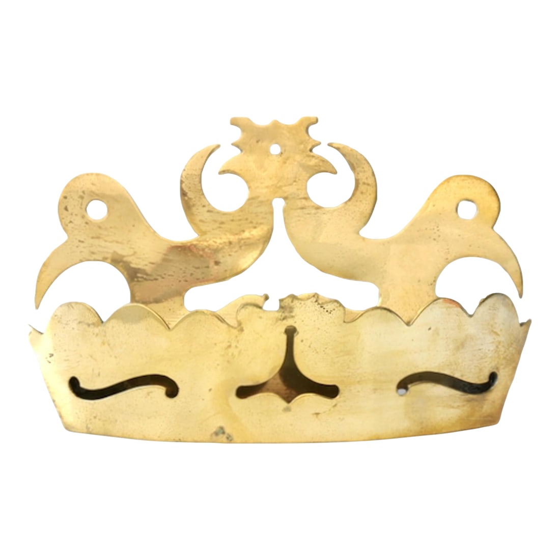 19th-Century English Victorian Crown Wall Pocket: Late 19th-century English wall pocket, cut and pierced from solid brass in a stylized crown motif. Known as a 'tidy,' this form was traditionally mounted near hearths or entryways to hold letters, mat