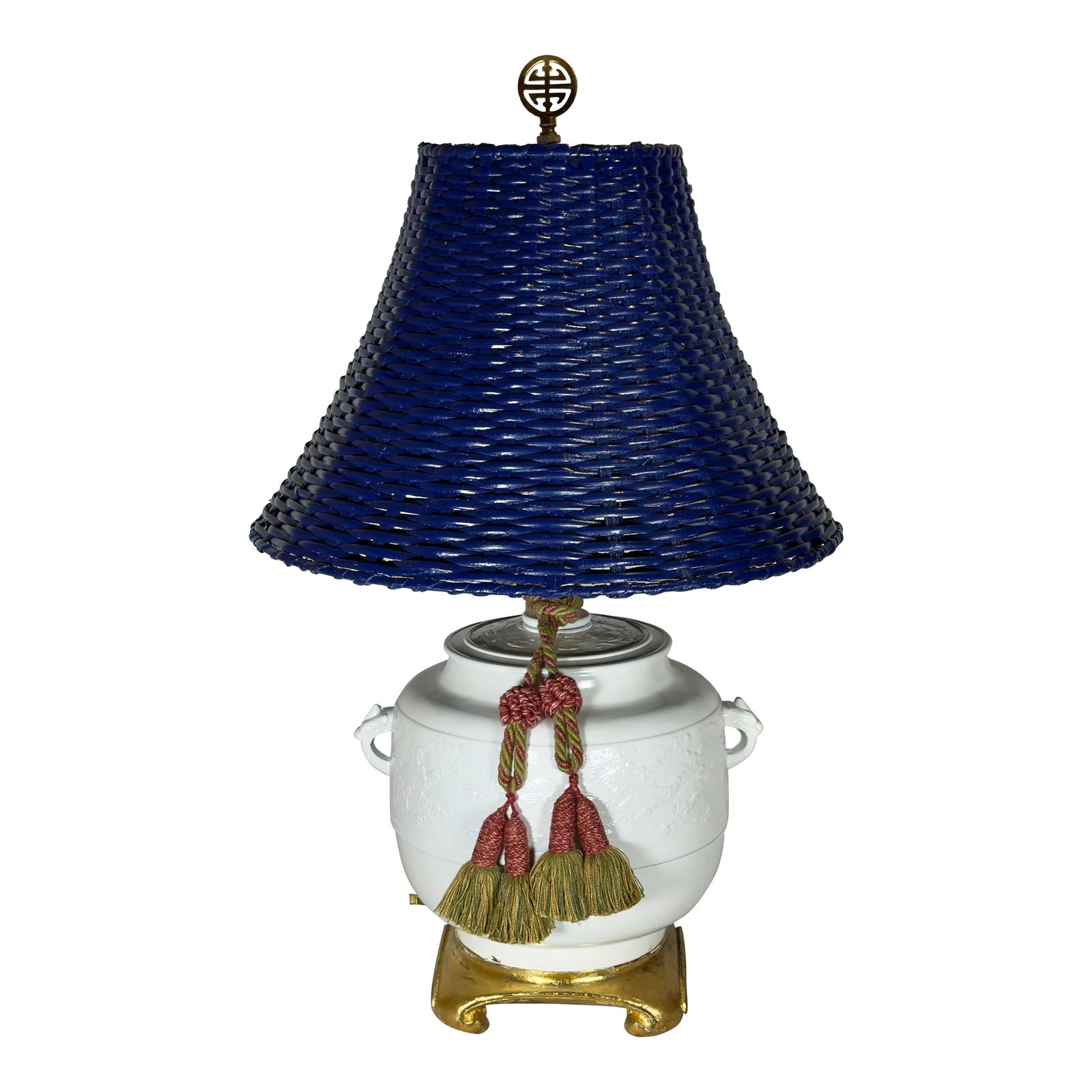 Vintage Chinoiserie White Ginger Jar Table Lamp With Navy Blue Wicker Shade - Newly Painted: Step into a world of timeless elegance with this stunning Vintage Chinoiserie Newly Painted White Ginger Jar Table Lamp, now featuring a beautifully newly painted ink blue wicker shade. Perfectly blen