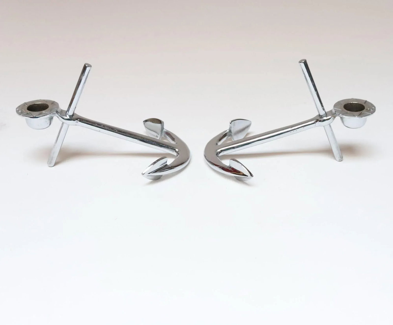 Pair of Vintage Chrome Nautical Anchor Form Candlesticks / Candleholders - 2