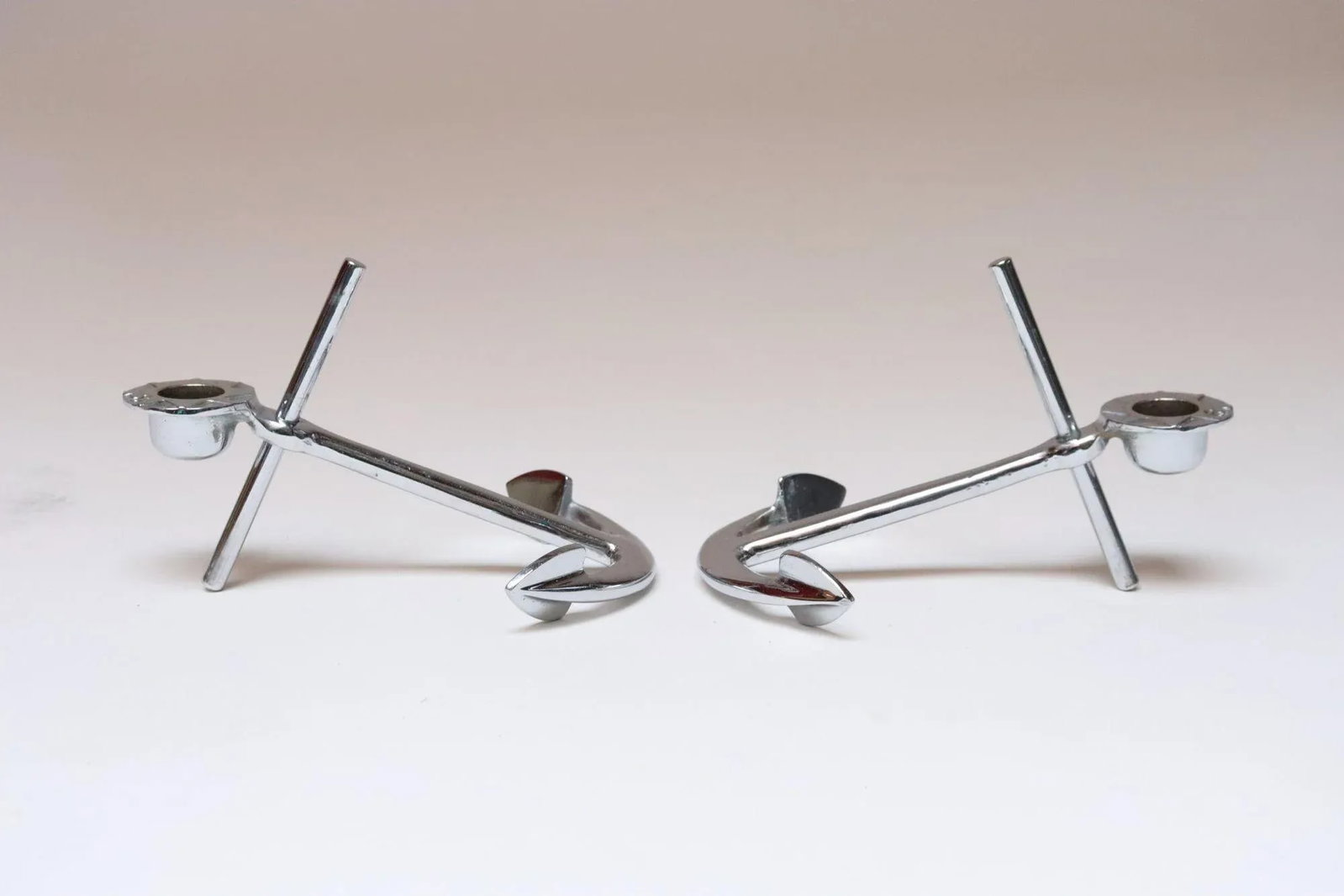 Pair of Vintage Chrome Nautical Anchor Form Candlesticks / Candleholders - 3