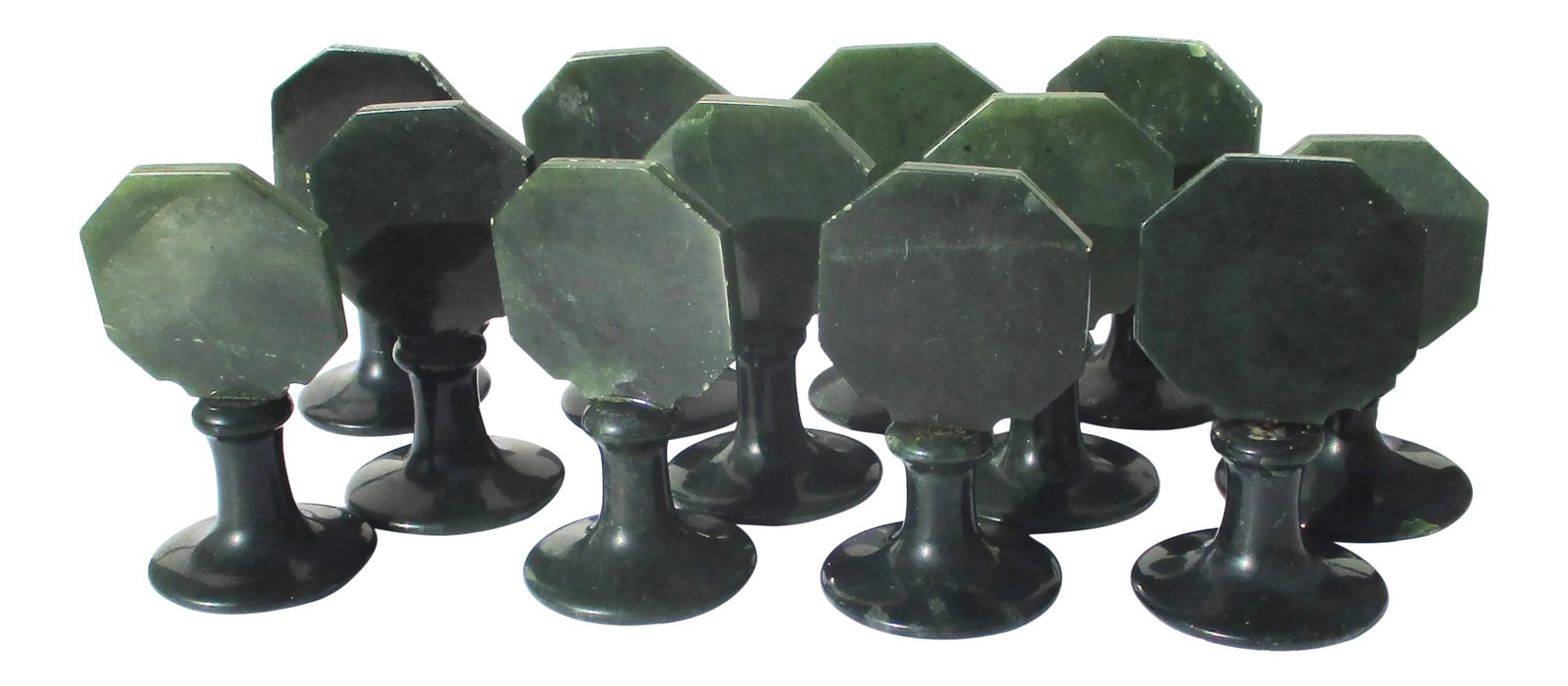 Set of 12 Grand Hotel Jade Place Card Holders - Set of 12: Spinach Jade Cardholders from Hong Kong, vintage 1950s. Classically designed in a turned foot and pedestal topped by an octagon tab with card slot for name cards. Fully formal and beautifully crafted 