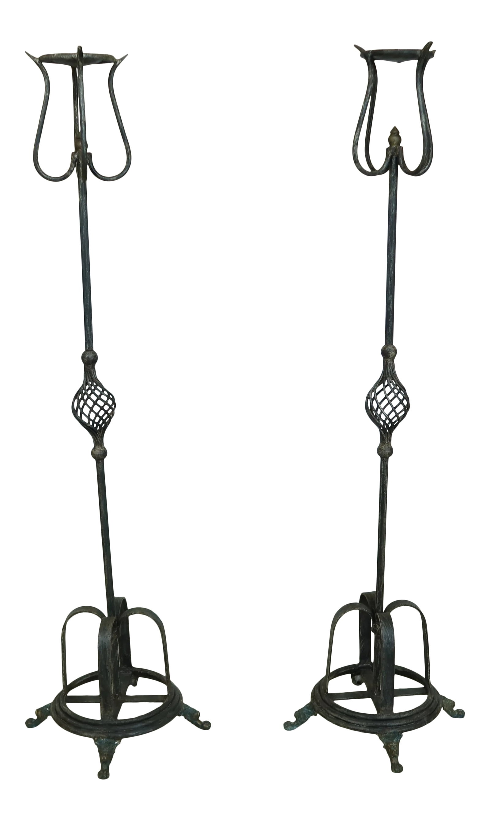 Wrought Iron Tall Candle Stick Candle Pricks - a Pair: Approx: 10 Years Old Quality Construction Un-Marked As To Manufacture - Possibly By Maitland Smith Or Similar Manufacture Very Heavy Iron Construction Nice 'Aged' Decorative Finish Condition: