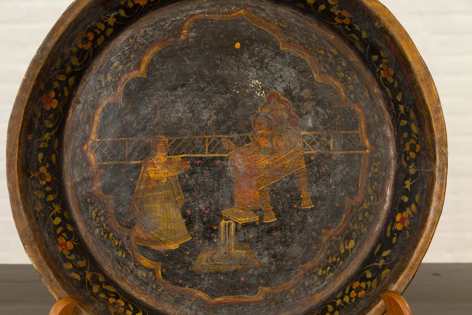 Antique Indian Market Tray with Mughal Inspired Hand Painted Decor - 10