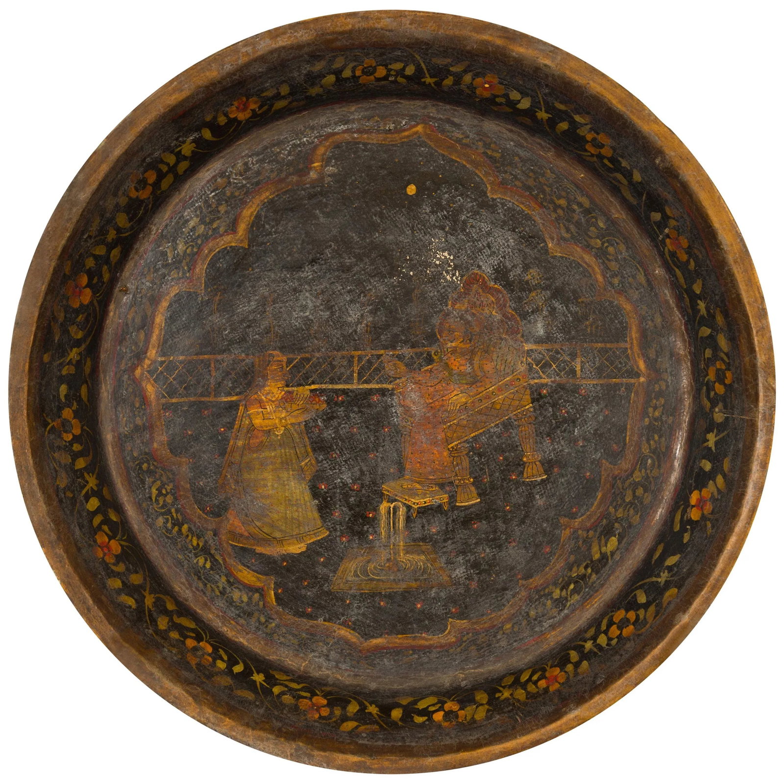Antique Indian Market Tray with Mughal Inspired Hand Painted Decor - 13
