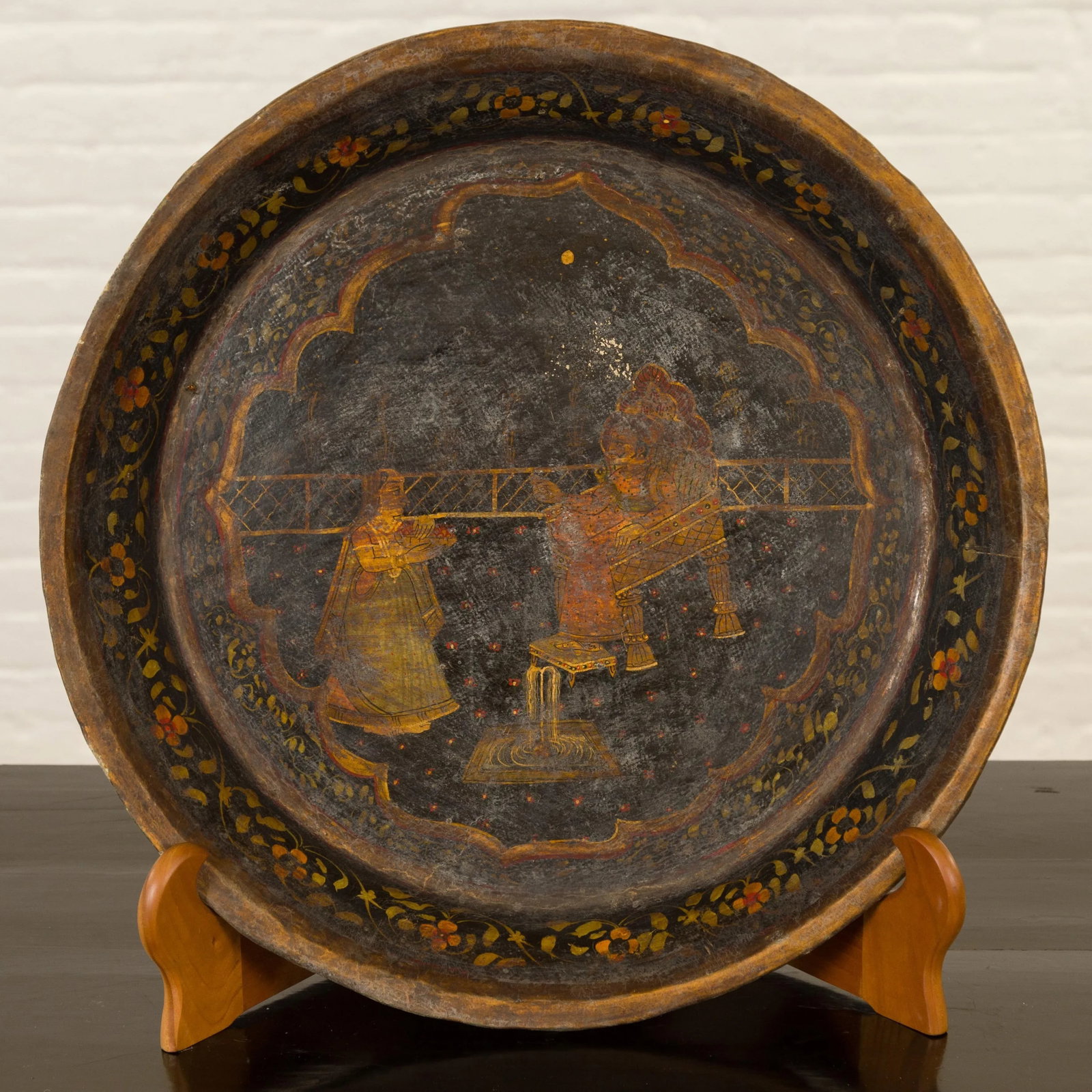 Antique Indian Market Tray with Mughal Inspired Hand Painted Decor - 2