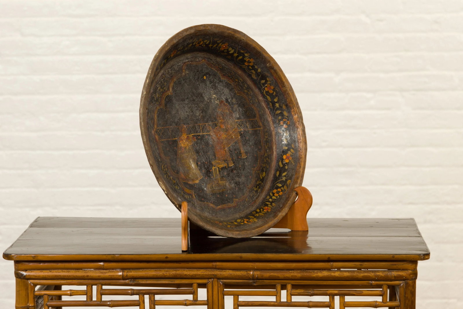 Antique Indian Market Tray with Mughal Inspired Hand Painted Decor - 3
