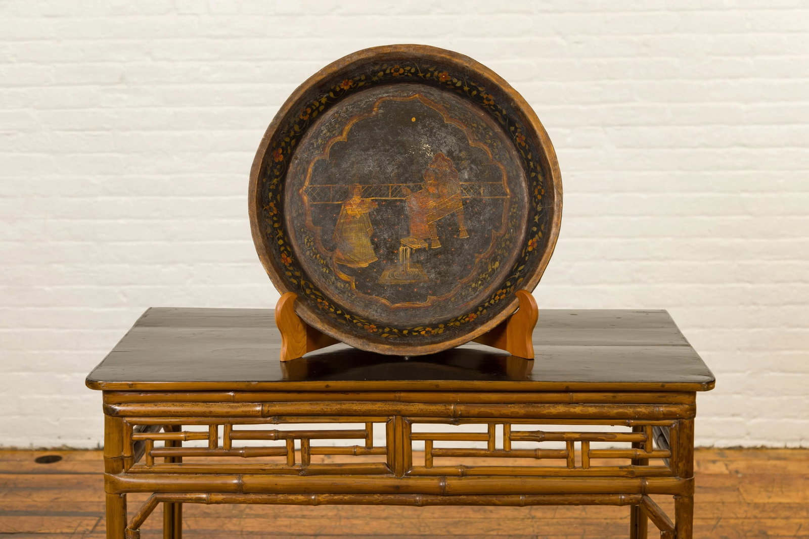 Antique Indian Market Tray with Mughal Inspired Hand Painted Decor - 9