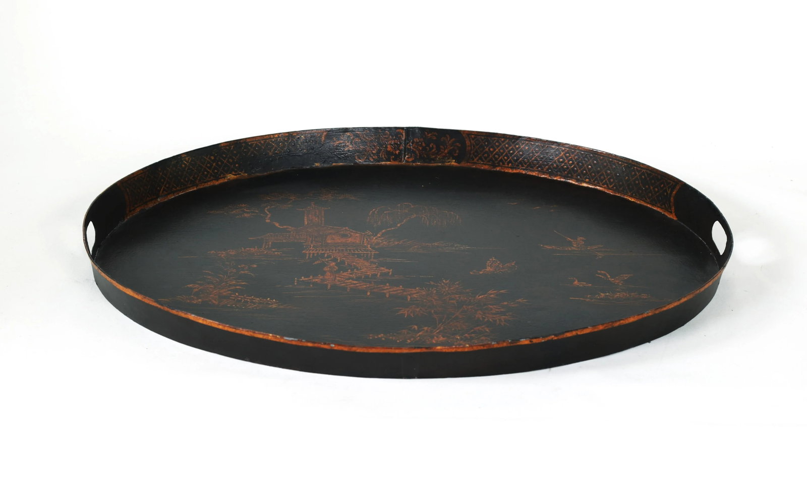 Vintage Chinoiserie Hand Painted Golden Oriental Landscape/Tray - 3