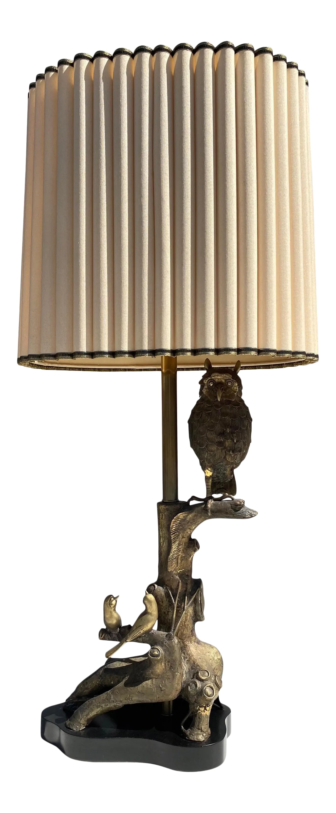 Bronze Owl Lamp by Marbro: Patinated bronze owl lamp by with birds and tree trunk details by Marbro with original shade which is 17"wide, 12" deep, 17" high and in really great condition for it's age. Condition: Alterations: