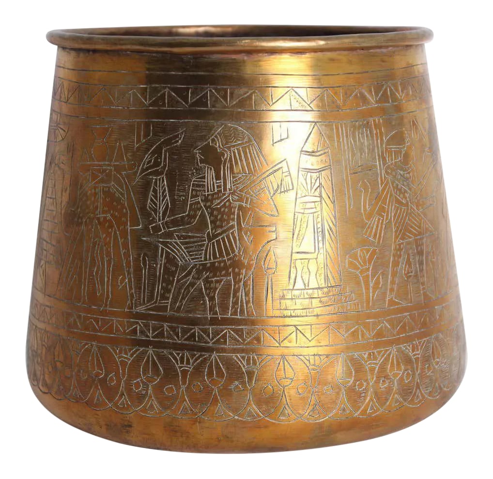 Hand Etched Egyptian Brass Vessel Jardiniere, 19th Century: Middle Eastern Egyptian hand etched polished brass vessel. Could be used as a vase or Jardiniere, indoor or outdoor. Arabic Mameluke revival style brass vessel with figural scenes and pyramid architec