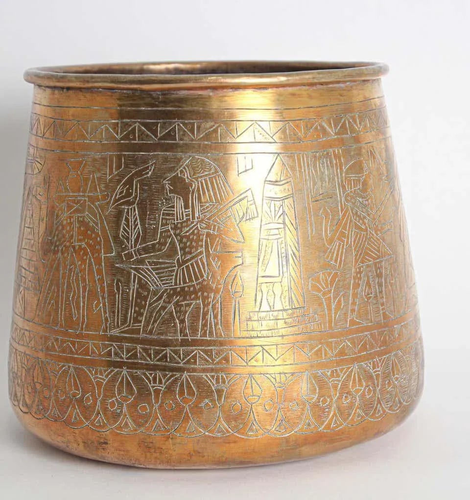 Hand Etched Egyptian Brass Vessel Jardiniere, 19th Century - 7