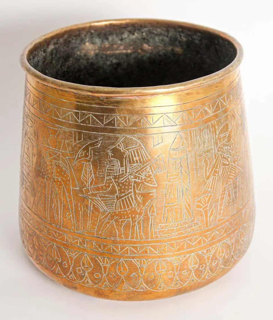 Hand Etched Egyptian Brass Vessel Jardiniere, 19th Century - 9