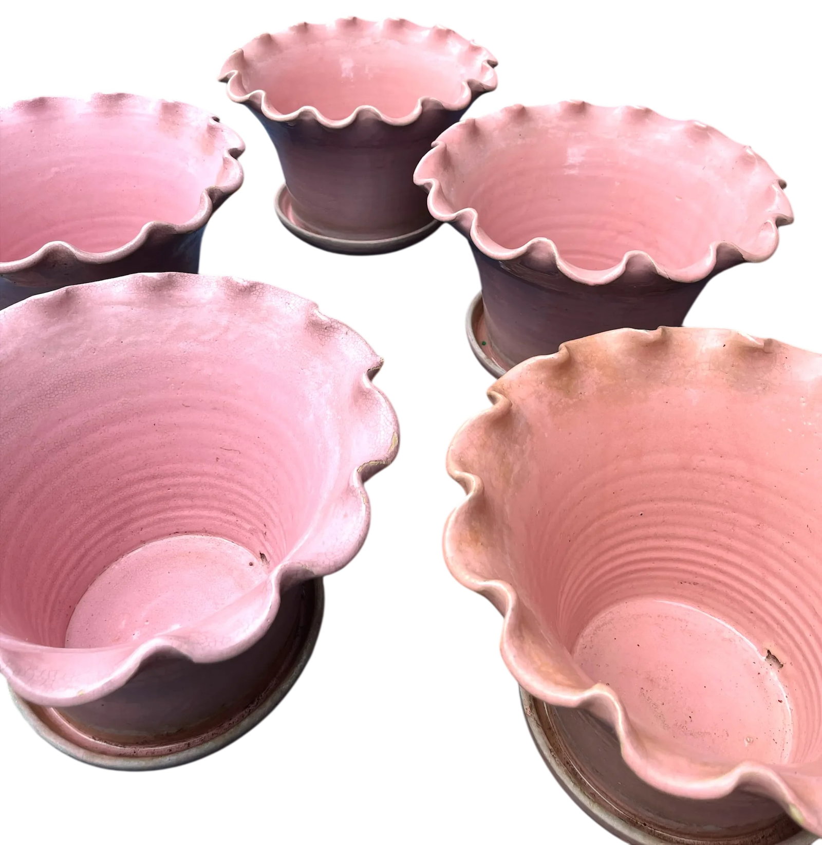 Early 20th Century Large Antique French Hand Thrown Earthenware Scalloped Pink Glazed Planters With - 10