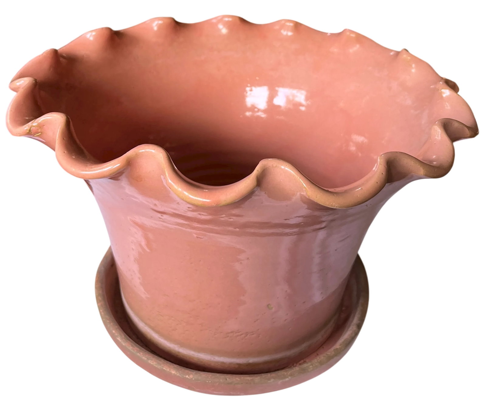 Early 20th Century Large Antique French Hand Thrown Earthenware Scalloped Pink Glazed Planters With - 3