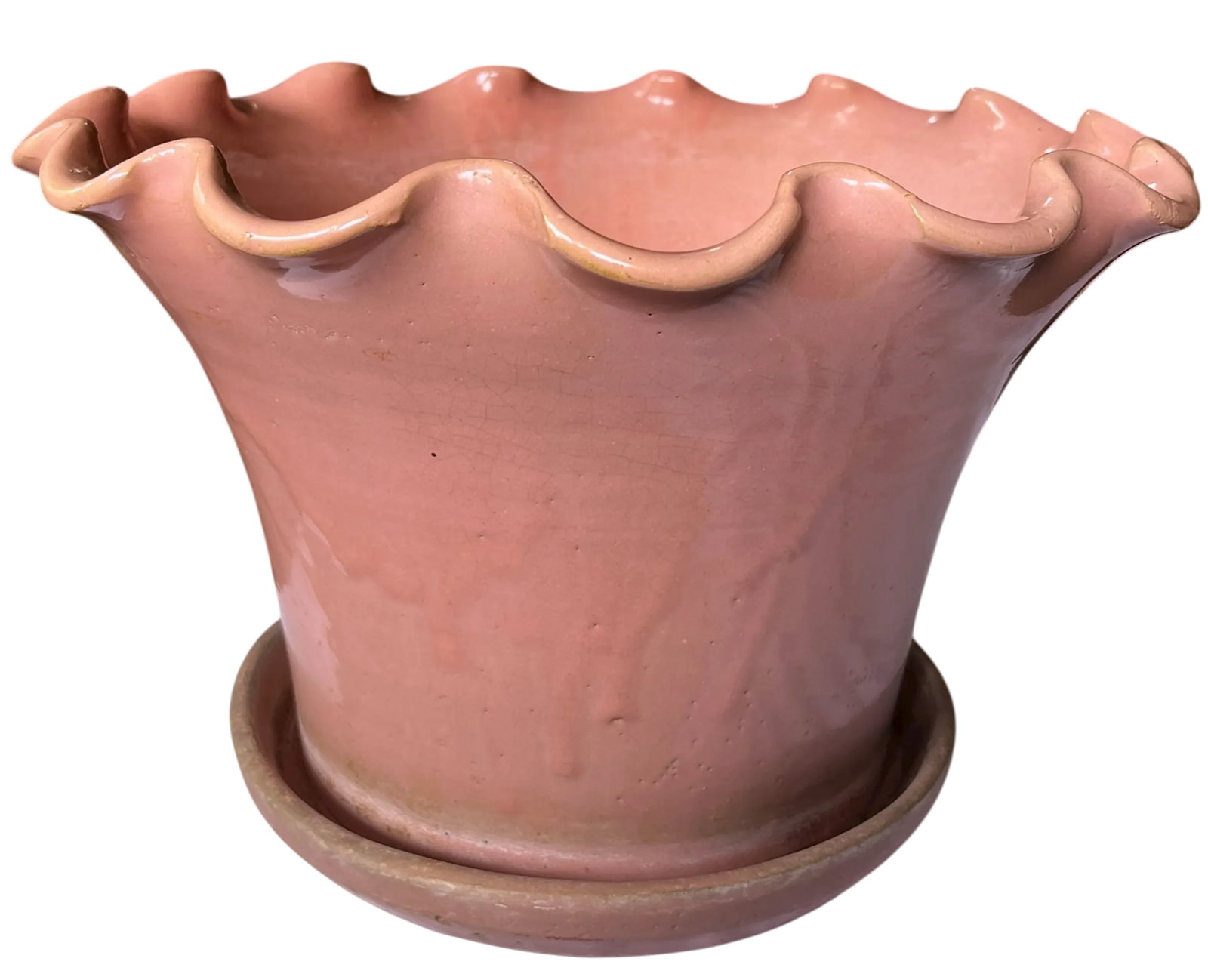 Early 20th Century Large Antique French Hand Thrown Earthenware Scalloped Pink Glazed Planters With - 6