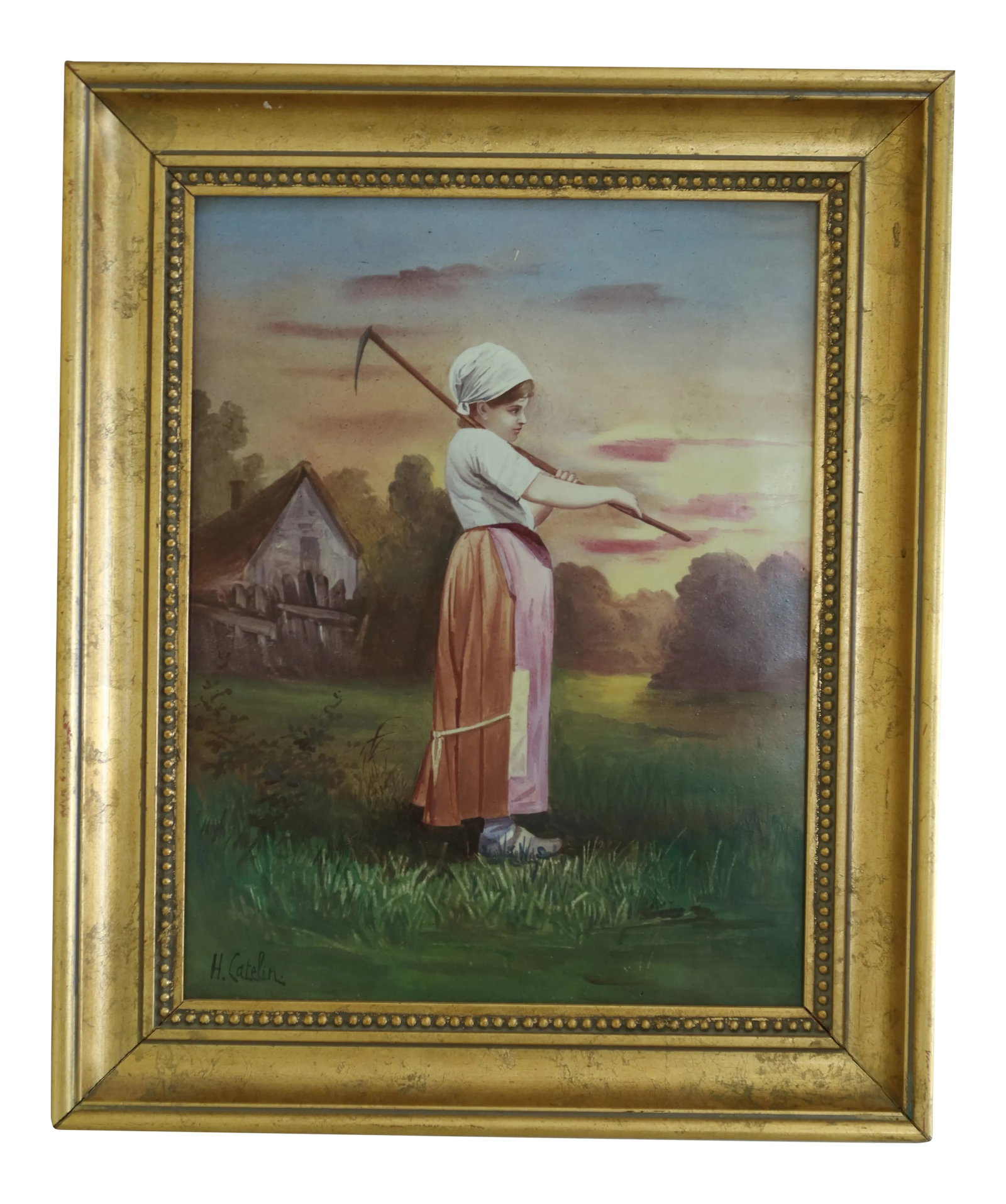 Vintage Painted Porcelain Plaque in Gold Gilt Frame: Approx: 75 Years Old High Quality Construction Well Done Painting On Porcelain Plaque Artist Signed H. Catelin Gold Gilt Frame Condition: Excellent Original Finish & Condition Size: 13.5 x 16 Cond