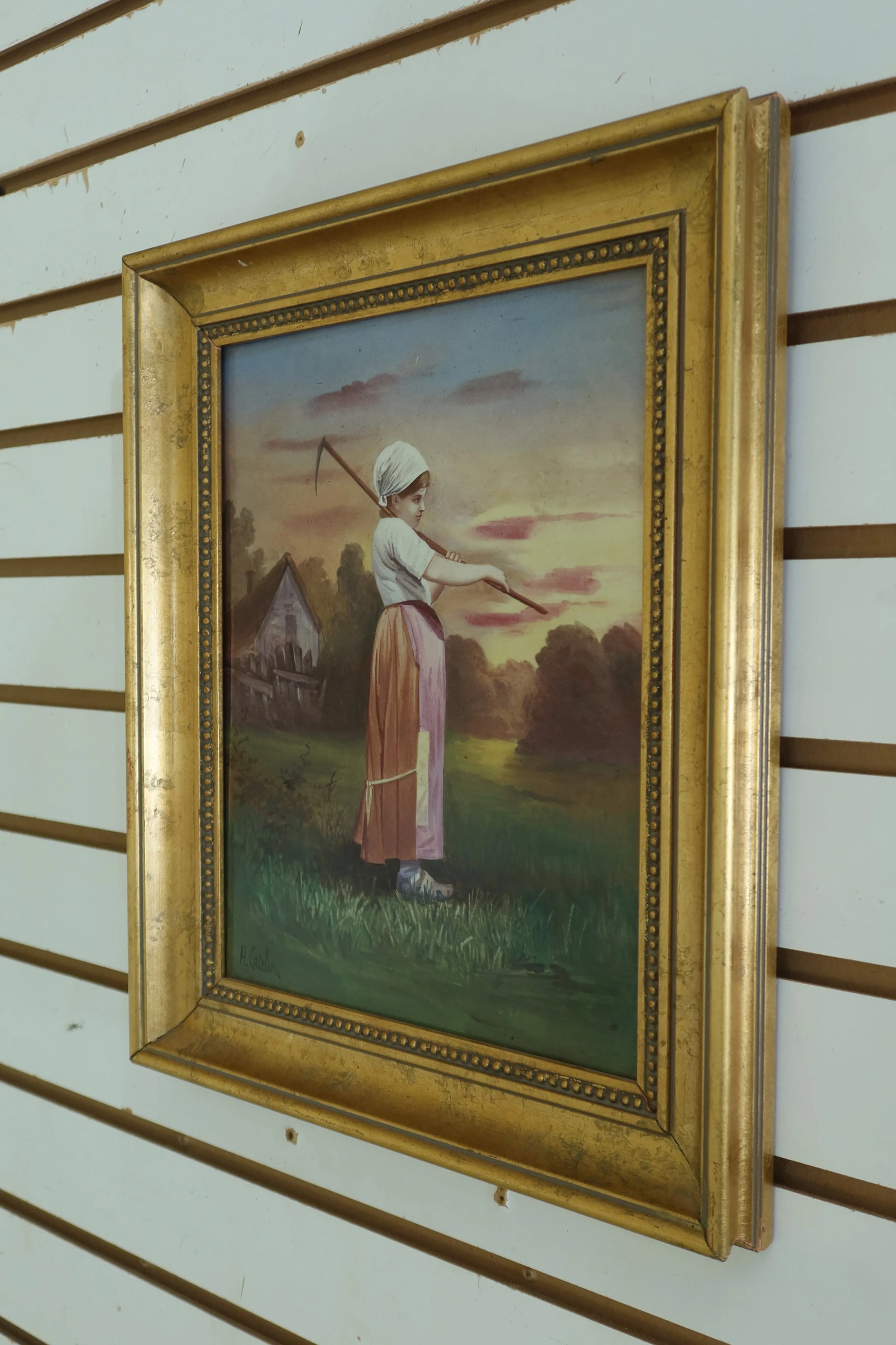 Vintage Painted Porcelain Plaque in Gold Gilt Frame - 2