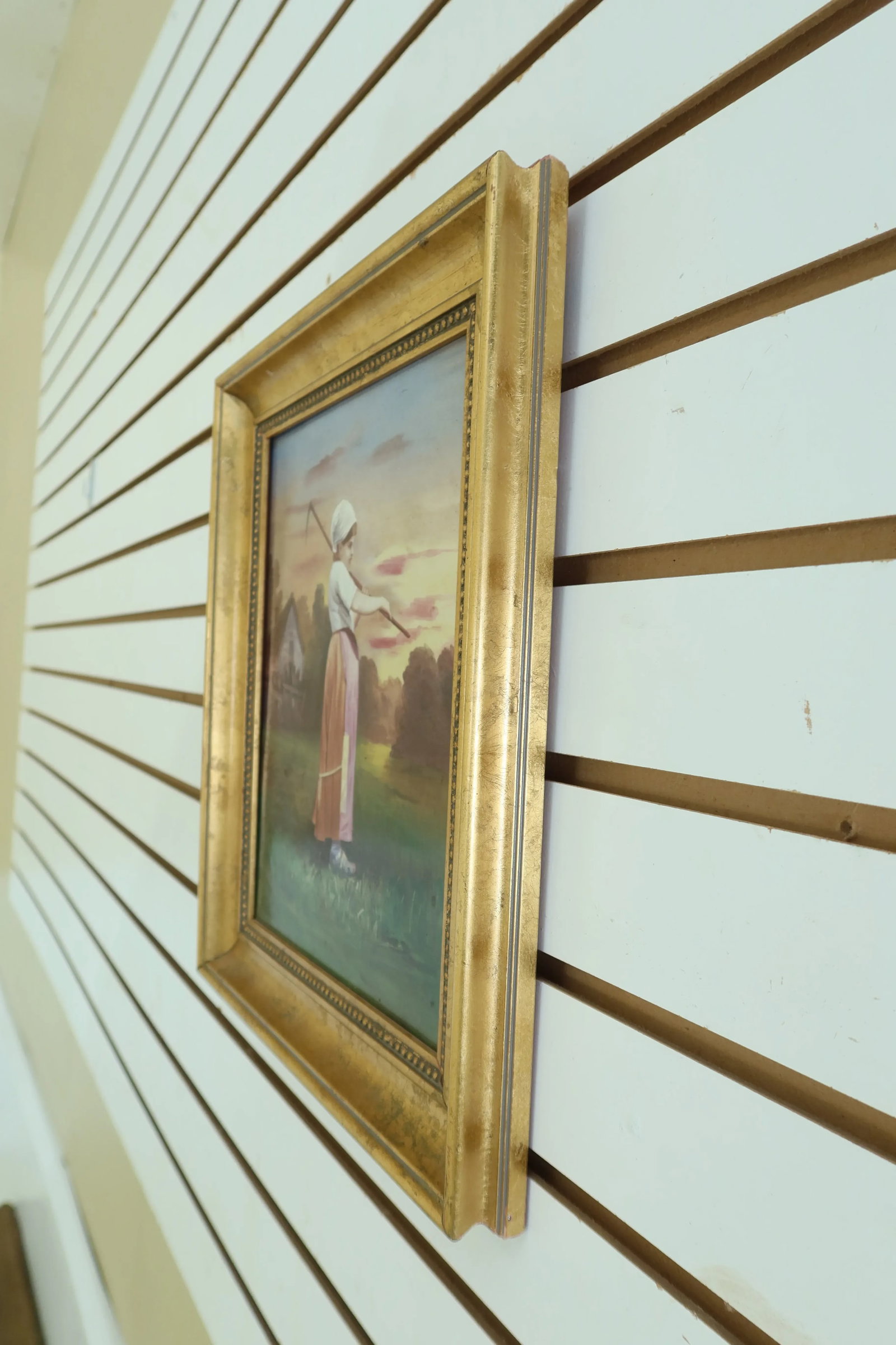 Vintage Painted Porcelain Plaque in Gold Gilt Frame - 5